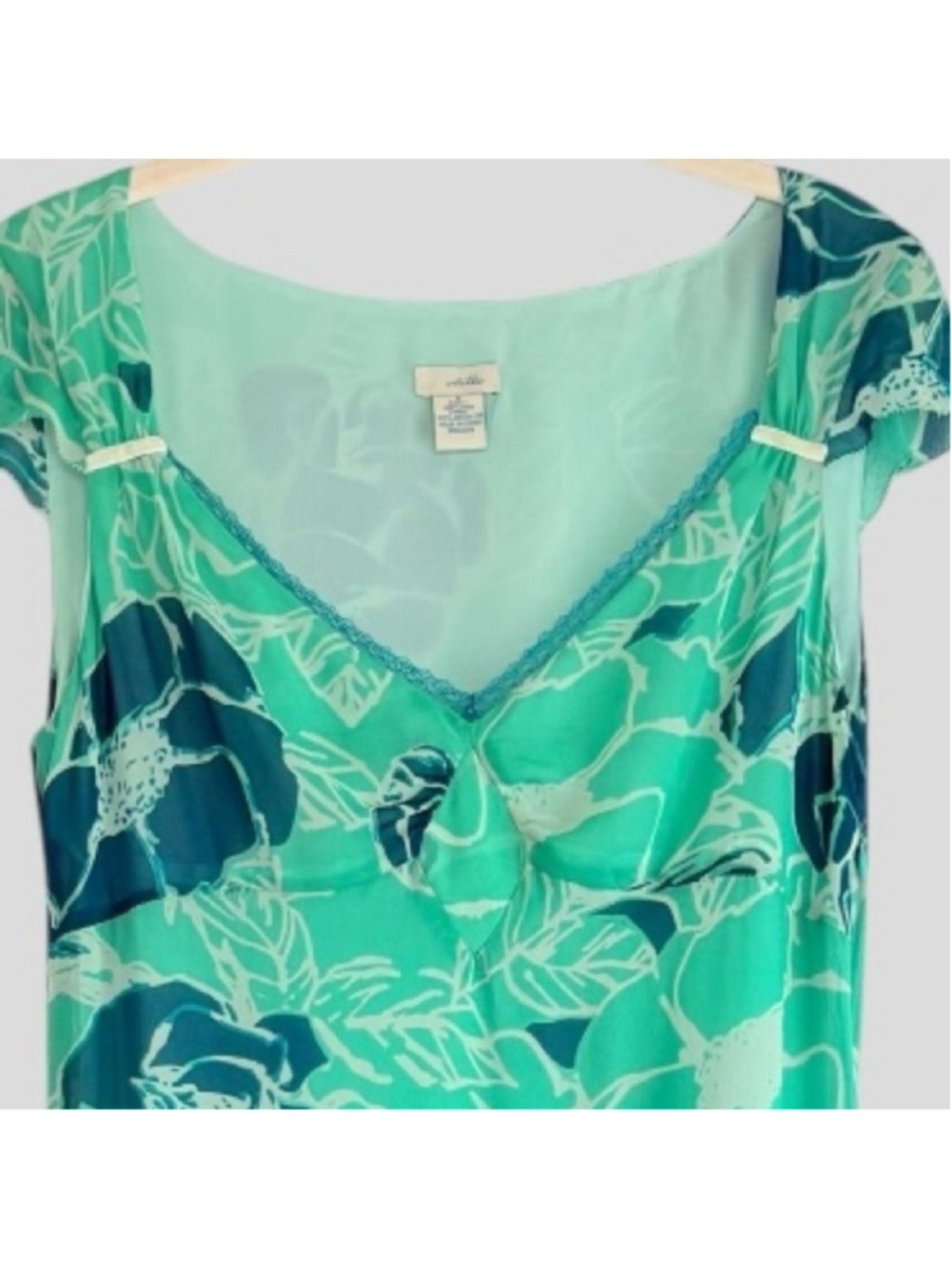 Odille 100 Silk Sheer Drop Waist Dress 6 Teal Floral Velvet Lace 90s Whimsigoth - Picture 6 of 16
